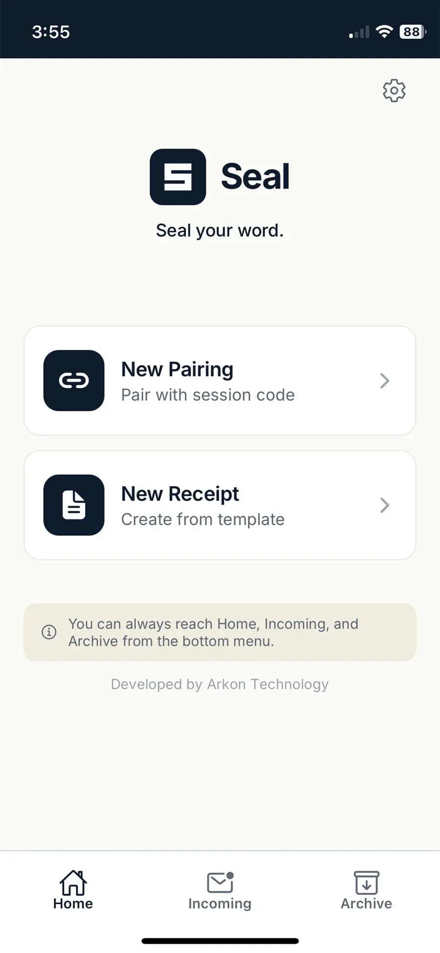SEAL home screen with New Pairing and New Receipt