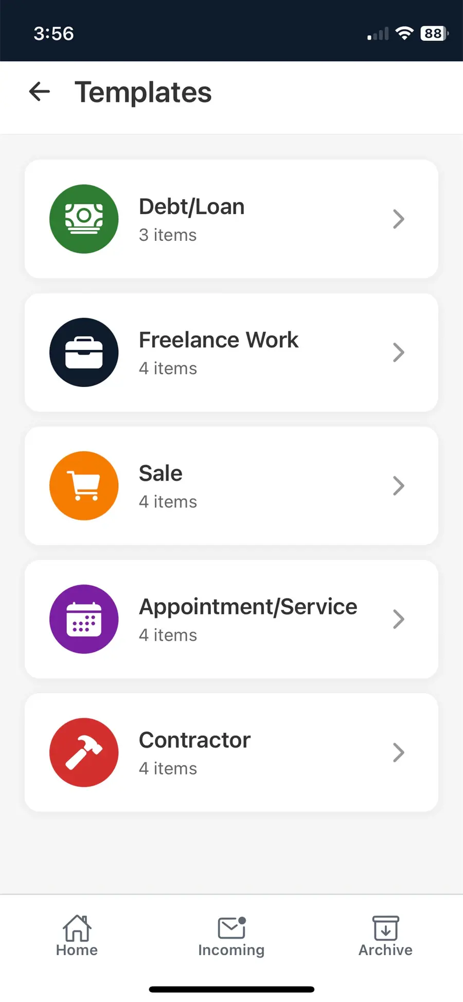 SEAL template picker: debt/loan, freelance work, sale, appointment/service and contractor