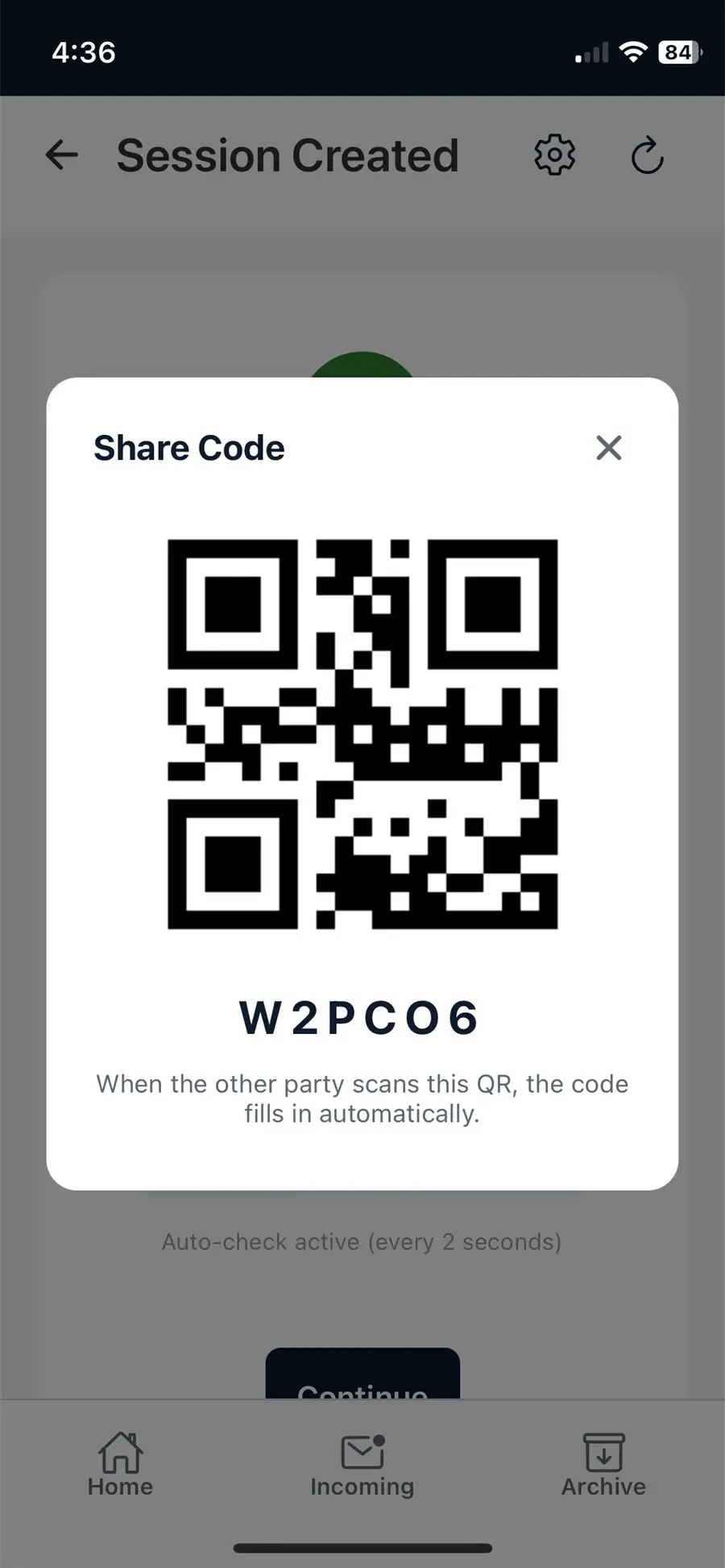 SEAL share code: a QR code and a six-character pairing code