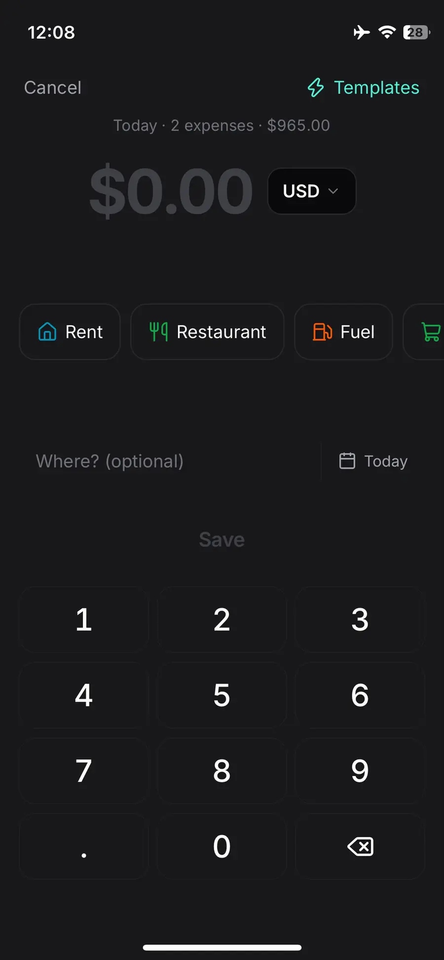 Tick quick-add screen: amount, currency picker, category shortcuts and keypad