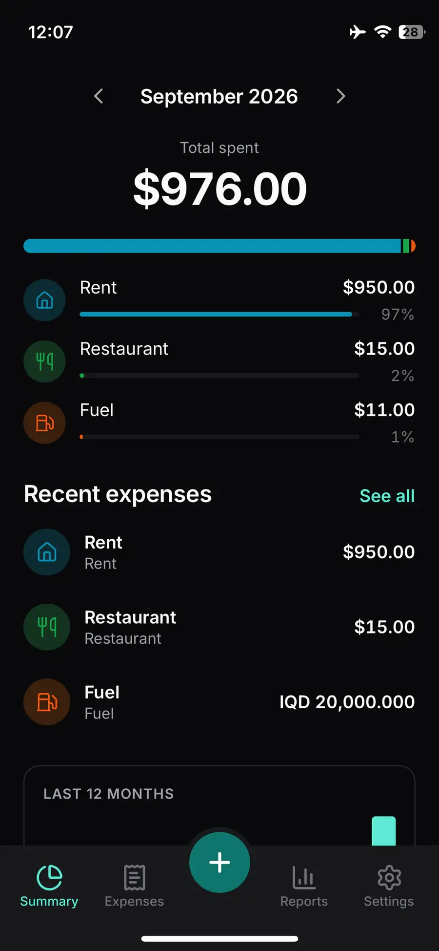 Tick monthly summary: total spent, top categories and recent expenses